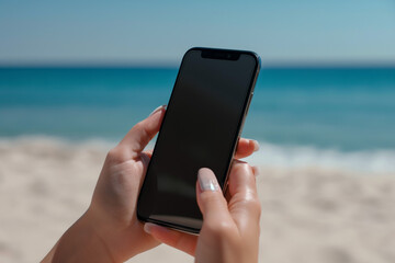 mockup phone smartphone held in hand on the background of the beach by the ocean, by the sea for application visualization, generative AI