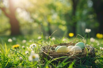 A natural scene of three eggs nestled in grass, ideal for outdoor and nature-related contexts