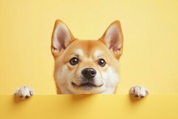 Portrait funny and happy shiba inu puppy dog peeking out from behind a color banner. Isolated on color pastel background , ai