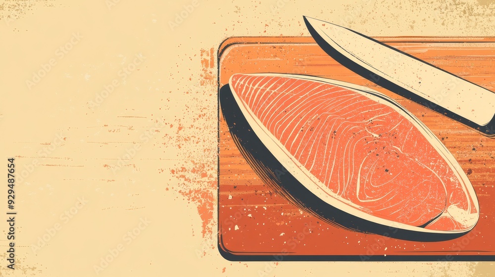 Poster a clean vector of a fish fillet on a cutting board with a knife, set against a simple background wit
