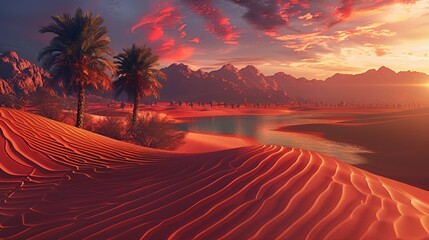 A serene desert landscape with palm trees, dunes, and a tranquil body of water at sunset.