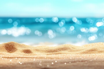 Obraz premium Sand With Blue Sea - Beach Summer Defocused Background With Glittering Of Sunlights , ai