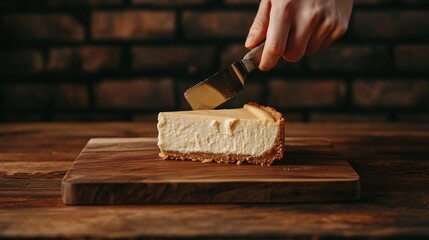 A hand using a knife to slice a creamy cheesecake on a wooden board.