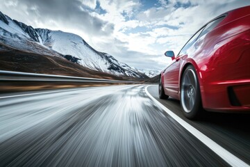 Obraz premium A red car driving down a winding mountain road with scenic views