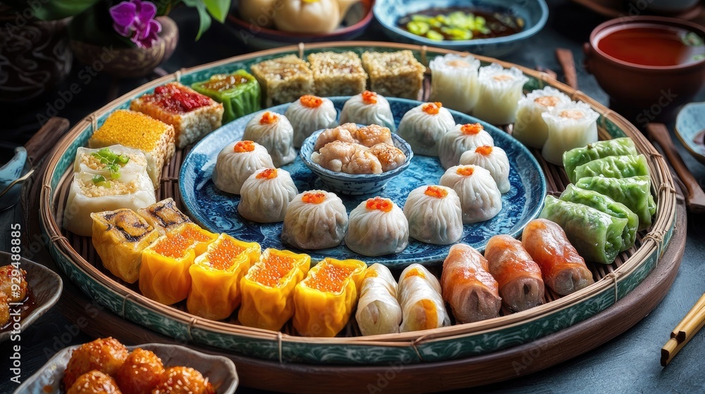 Poster a colorful platter of chinese dim sum with a variety of fillings, with space for menu content or bra