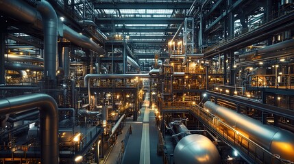 A large-scale production facility with advanced machinery and a network of pipes and conveyors, emphasizing the scale of the operation