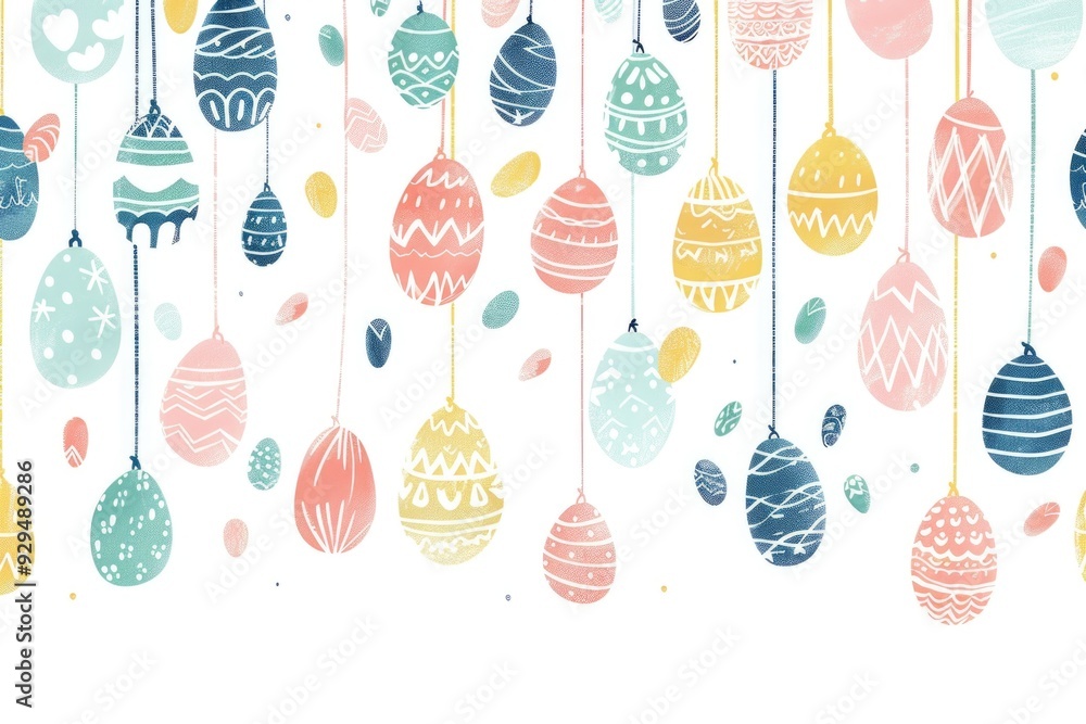 Poster colorful easter eggs hanging from strings, ideal for spring or easter themed projects