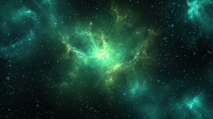 A vibrant depiction of a cosmic scene filled with green nebulae and twinkling stars.