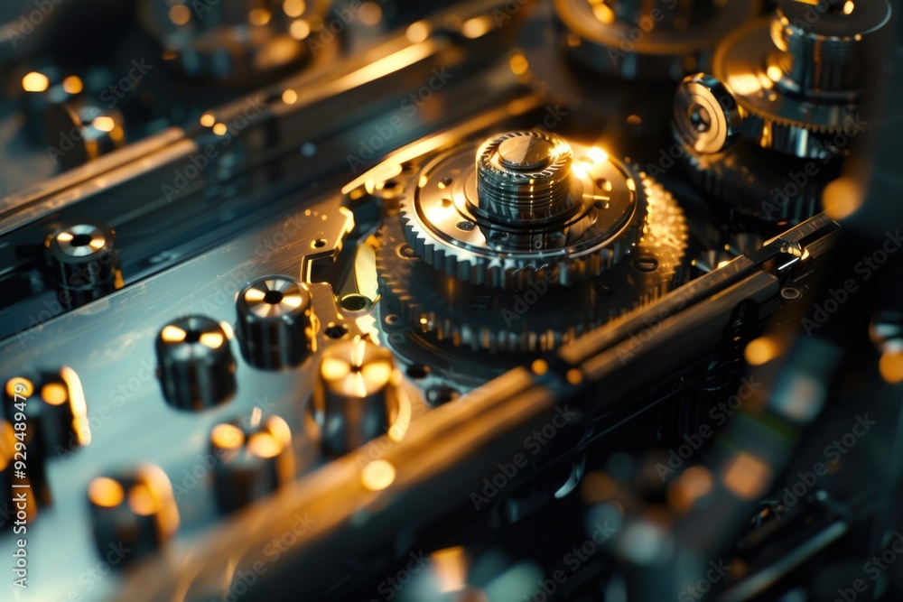 Poster a close-up shot of a machine's control panel with numerous knobs and controls