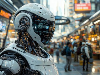 Fototapeta premium Futuristic Humanoid Robot Exploring Busy Urban Street Market