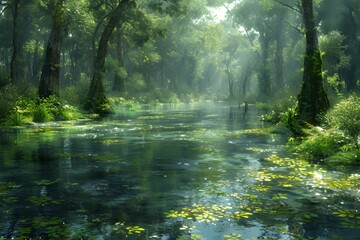 Obraz premium A serene forest landscape with a tranquil river and lush greenery.