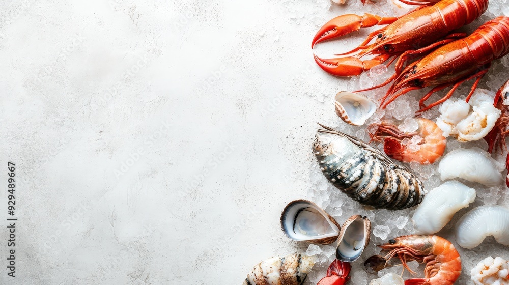 Poster market-fresh seafood layout with copy space, featuring a colorful mix of shellfish and fish on a lig