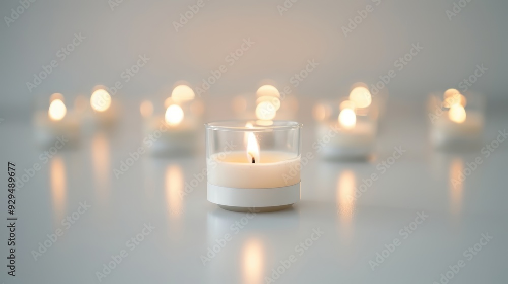 Poster lone candle shining brightly in the front with multiple other candles out of focus in the background