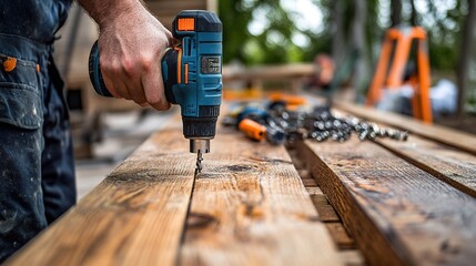 A laborer using a power drill to fasten screws into wooden planks, with a set of tools and hardware visible on a nearby table