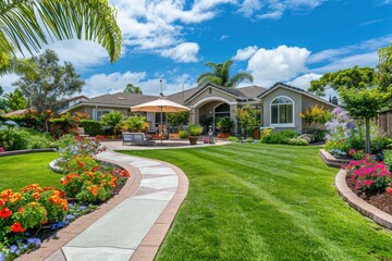 Fototapeta premium Spacious Backyard with Lush Greenery and Stone Pathway