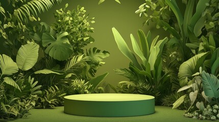 Jungle-themed background podium with a 3D green wood product platform and pedestal. Features a tropical setting with trees, leaves, and a summer forest ambiance 