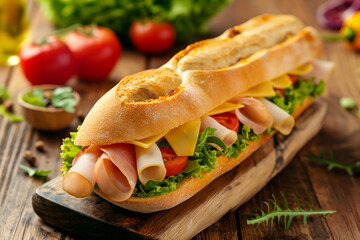 delicious fresh healthy sandwich with fresh baguette, cheese, ham, tomato, onion and lettuce lies on a wooden table, generative AI