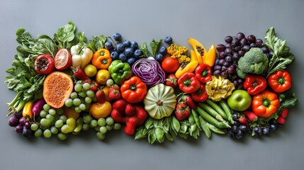 Nature-inspired food art with fruits and veggies arranged creatively, leaving ample room for copy.