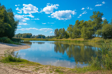 beautiful lake with a small beach and trees and beautiful green nature in the background in summer on vacation, generative AI