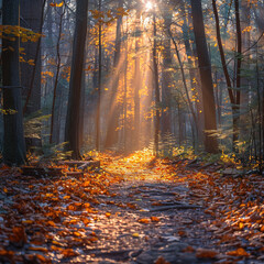 Fototapeta premium Forest Path in Autumn with Golden Leaves 