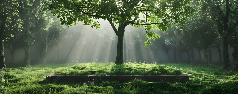 Poster sunbeams illuminating a tree in a misty forest