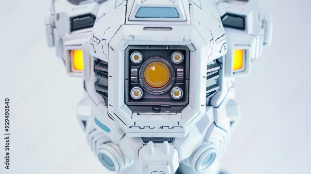 Poster futuristic robot head closeup with camera lens and sensors on a white backdrop