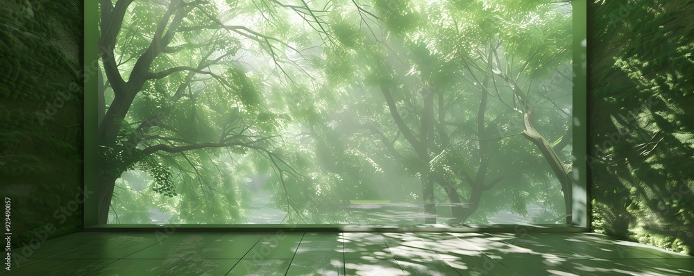 Poster a window view of a foggy forest with sunlight streaming through the trees