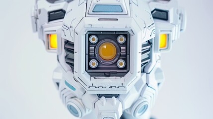 Futuristic robot head closeup with camera lens and sensors on a white backdrop