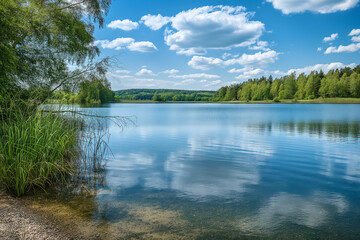 Obraz premium beautiful lake with a small beach and trees and beautiful green nature in the background in summer on vacation, generative AI