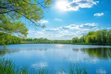 Fototapeta premium beautiful lake with a small beach and trees and beautiful green nature in the background in summer on vacation, generative AI