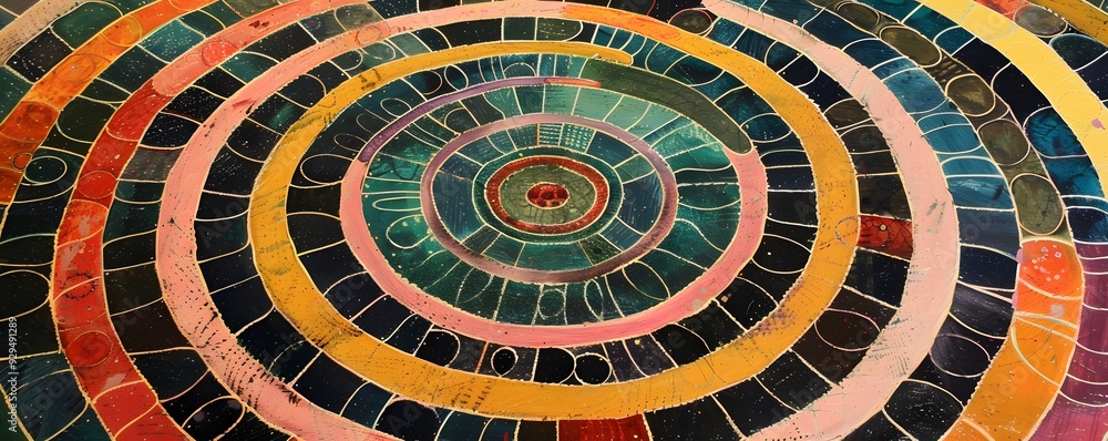 Poster Abstract Circular Artwork with Multicolored Concentric Rings and Geometric Patterns
