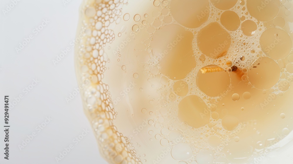 Poster shimmering golden liquid with oil circles forming bubbles, creating a mesmerizing abstract backgroun