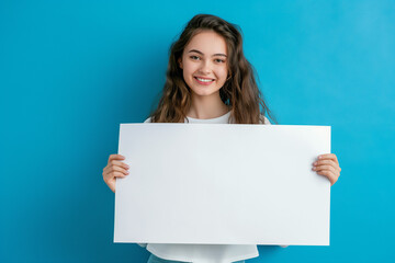 Naklejka premium beautiful young woman on a blue background holding a white board with a place for an inscription. picture for advertising, woman encourages, advertises, generative AI