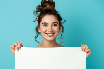 Fototapeta premium beautiful young woman on a blue background holding a white board with a place for an inscription. picture for advertising, woman encourages, advertises, generative AI