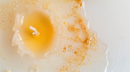 Abstract pattern of melted wax and a wick around an extinguished candle on a white surface