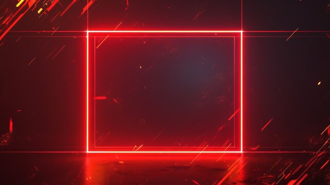Beautiful bright red neon rectangle frame on a black background