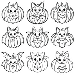 Cute bat pumpkin drawing outline doodle vector icon set illustration
