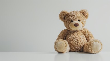 Obraz premium Cute teddy bear is patiently sitting on a white table, waiting to be picked up and played with