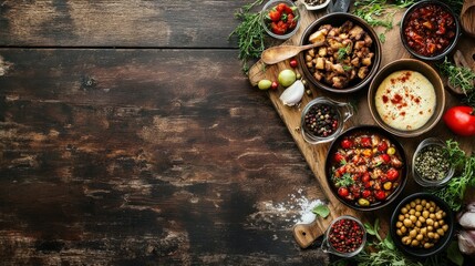 Rustic food menu with hearty, homemade dishes displayed, leaving clear space for text and pricing.