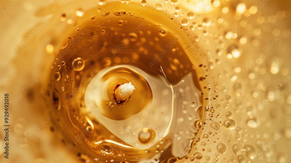 Poster close-up of a burnt-out candle wick with shimmering golden droplets forming unique patterns and text
