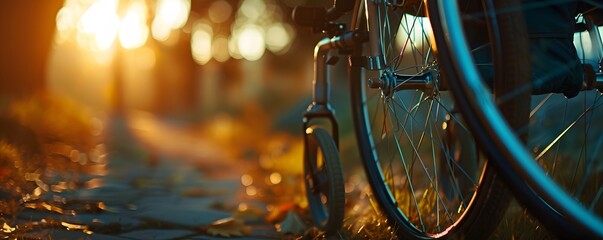 Close-up of a bicycle wheel with a blurred background of a sunlit forest path