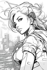 Anime Style Female Cyberpunk Line Art
