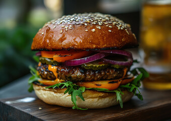Veggie burger with a plant-based patty, topped with grilled vegetables, presented on a plate, professional food photo, overhead view composition.

