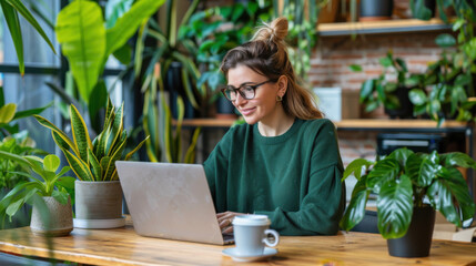 A woman in a green sweater working on her laptop in a plant-filled workspace, blending technology with nature in a home office.