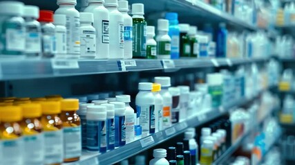 Numerous bottles and containers of medications and dietary supplements are neatly arranged on the shelves in a well-lit pharmacy.