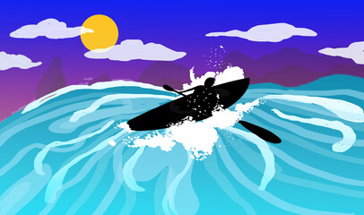 Adventurous man kayaking on rough sea at sunset, extreme water sport and adventure lifestyle concept