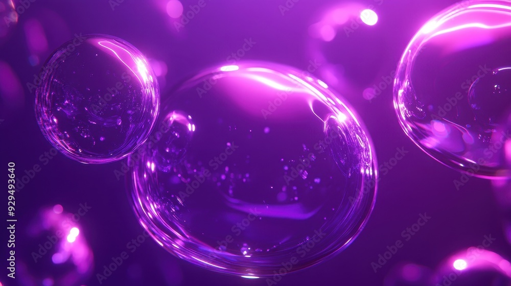 Poster a vibrant display of translucent bubbles floating in a purple background.