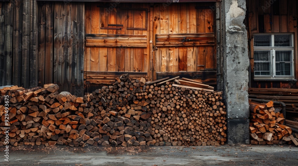 Poster a wooden pile beside a structure with an open entrance, suitable for use as a background or in scene