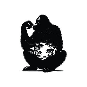 recommend clip art: silhouette of orangutan filled with nature night view in rough drawing,