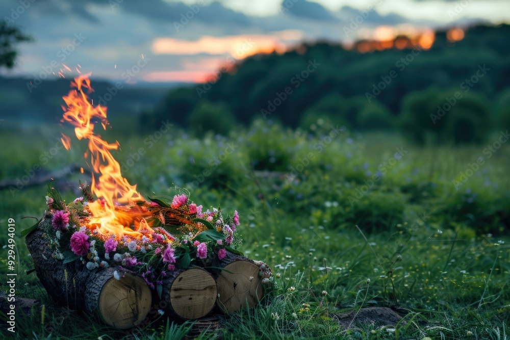 Poster a large flame is burning in the middle of an open field, surrounded by dry grass and plants